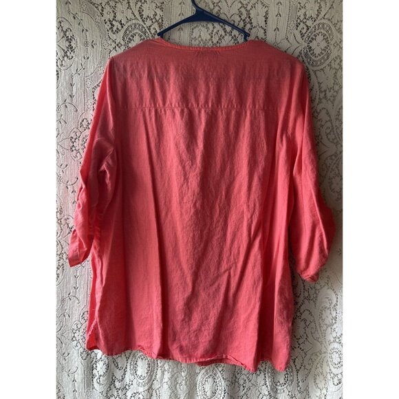 Emily Daniels Womens Large Pink 3/4 Roll Up Sleeves 1/4 Zip Linen Top Shirt - Picture 6 of 6